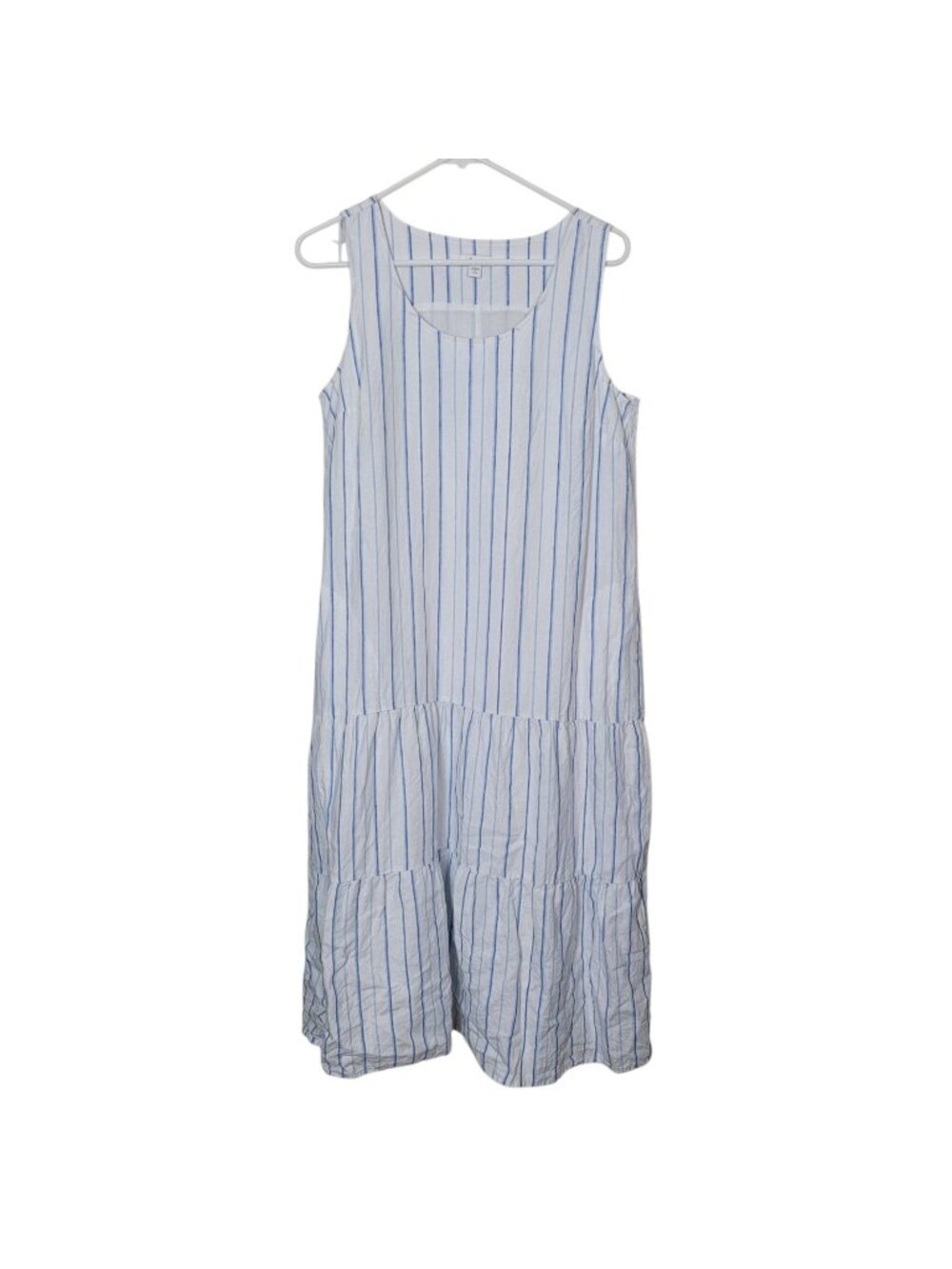 J. Jill Love Linen Drop Waist Tiered Maxi Dress White Blue Stripes Med Petite